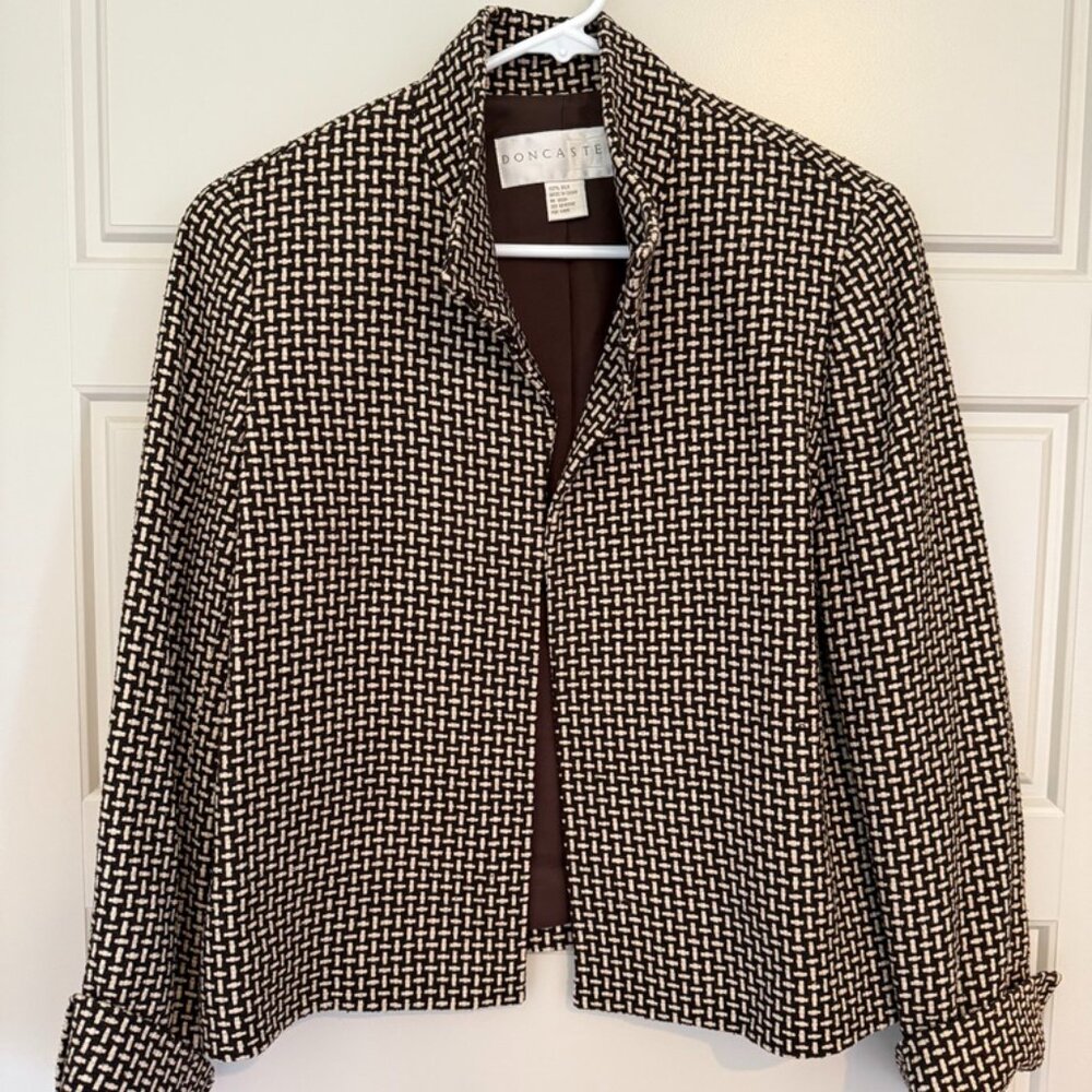 Doncaster Vintage Brown & Cream Houndstooth Tweed Boucle Blazer Jacket Silk